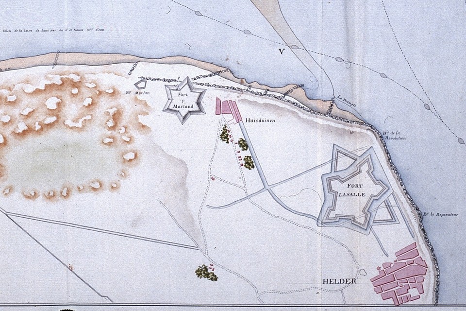 Franse kaart uit 1812 met links het toen voltooide deel van Du Falga.
KAART COLLECTIE PETER SAAL, CULTUURCOMPAGNIE NOORD-HOLLAND 