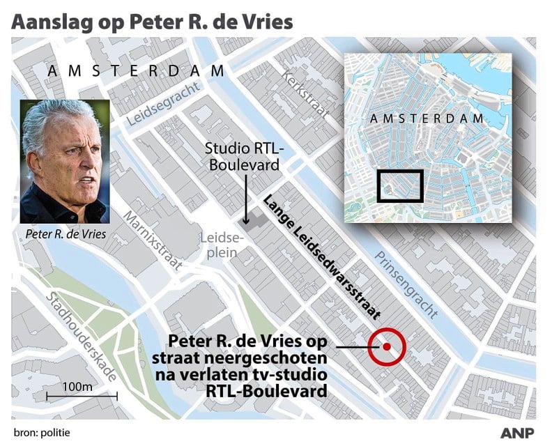 Misdaadverslaggever Peter R. de Vries werd op de Lange Leidsedwarsstraat neergeschoten.