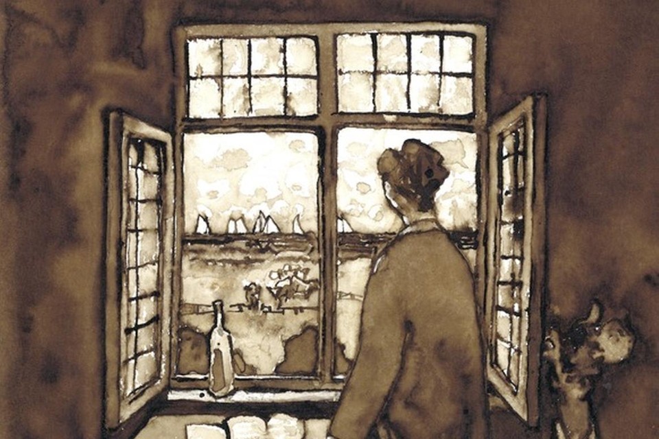 J.P. Hasebroek kijkt uit het raam van de pastorie in Heiloo. Op de achtergrond de masten van de schepen op het Noordhollandsch Kanaal.