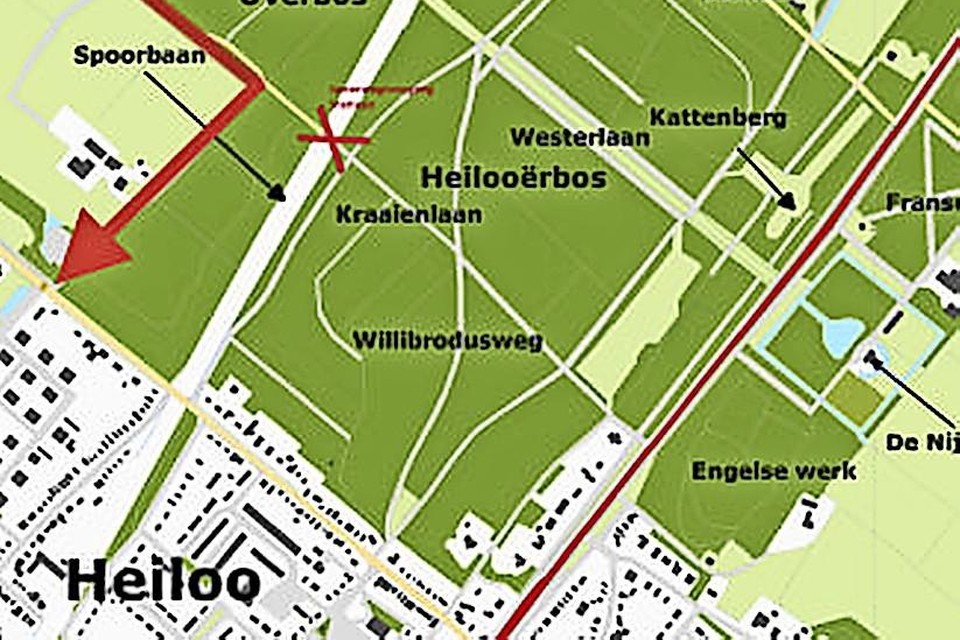 Kaartje van de ligging van de overwegen en opties voor de toegangswegen aan de westkant.
