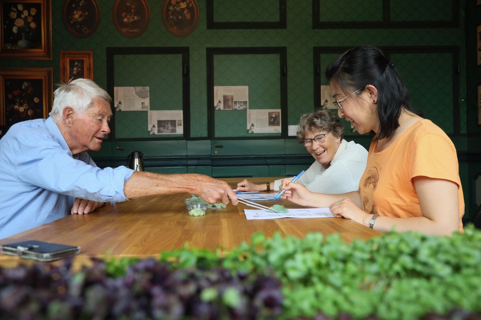 Bezoekers van museum Sow to Grow doen mee aan de proeverij van kiemplantjes.
