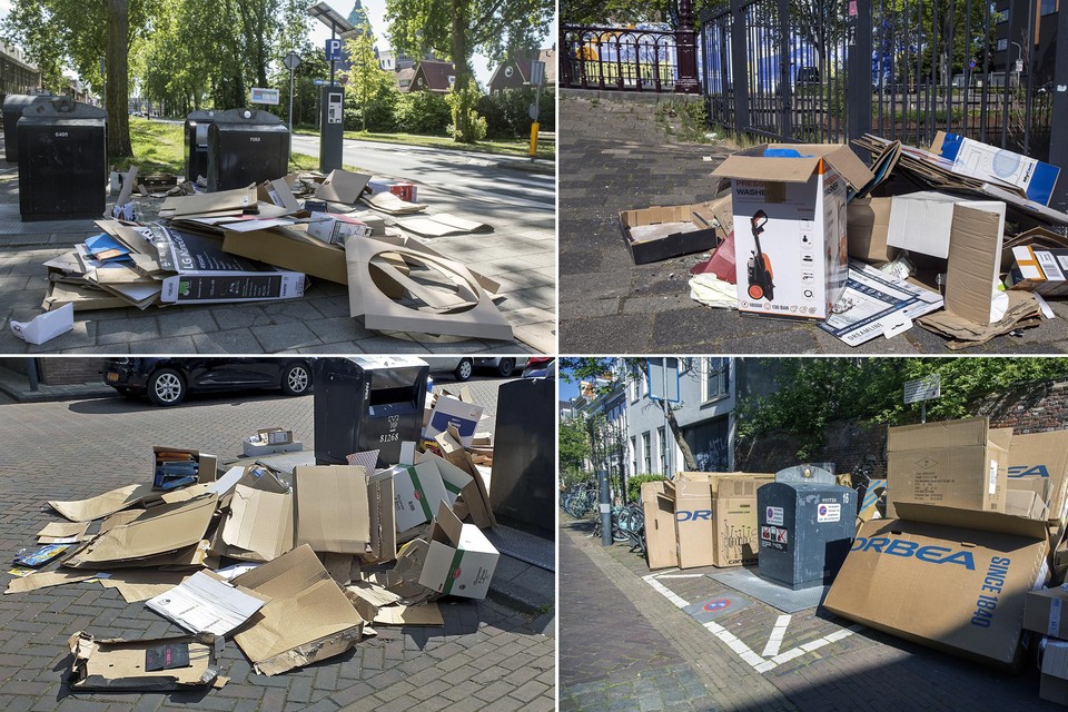 Kartonnen afvalhopen in de hele stad, zoals hier (met de klok mee) aan de Westergracht, Prins Hendrikbrug, Breestraat en Teylerstraat.