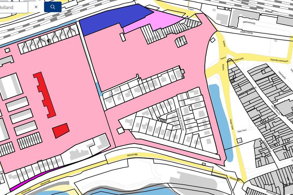 Het gebied Pelmolenpad-Prismalocatie op een kadasterkaart. Roze is grond van de gemeente, blauw van BPD, rood van Intermaris.