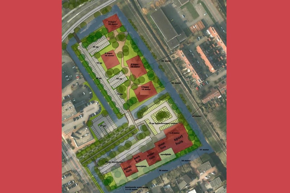 Het plan voor woningen (boven) en het IKEC (onder) op de voormalige hockeyvelden.