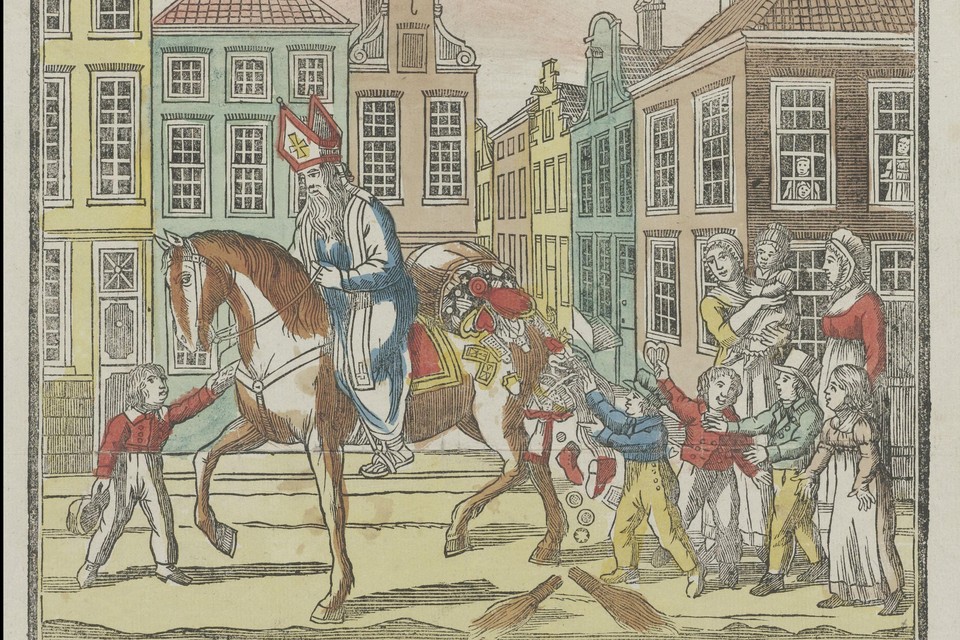 De intocht van Sinterklaas rond 1840. Sint vertoonde zich in deze tijd voor het eerst in het openbaar.