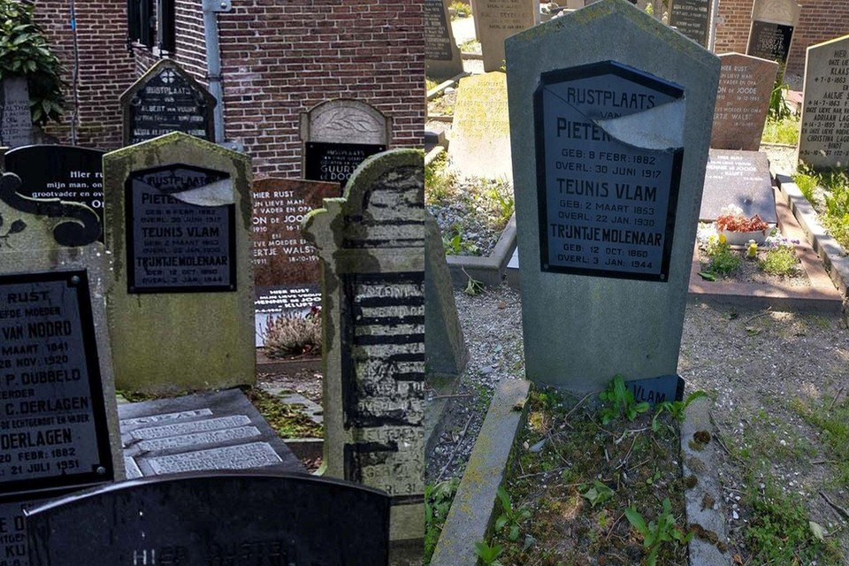 Op een van de foto’s die in juni diende als bewijs van de vernielingen (rechts) is een grafsteen te zien die in december (links) dezelfde beschadiging vertoonde.