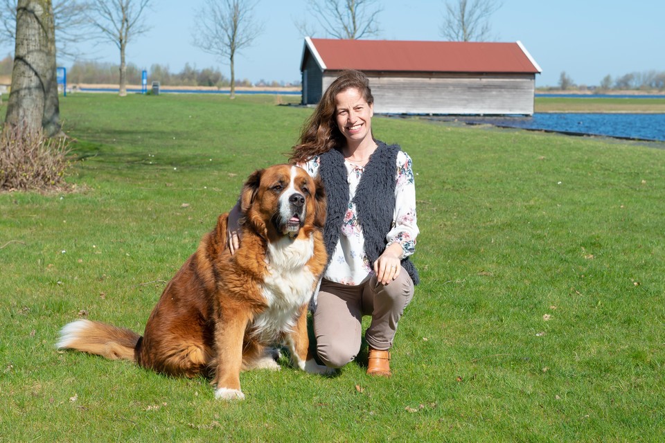 Katja Kapteijn met hond Sam op het veld dat geschikt moet worden gemaakt voor een camping.
