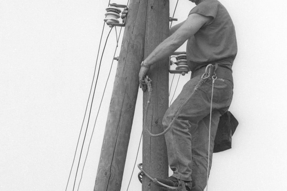 schoner String string Infecteren Levensgevaarlijk om die houten elektriciteitspalen te beklimmen. De  Nuon-mannen hebben daarom klimschaatsen aan en moeten zich zekeren |  Noordhollandsdagblad