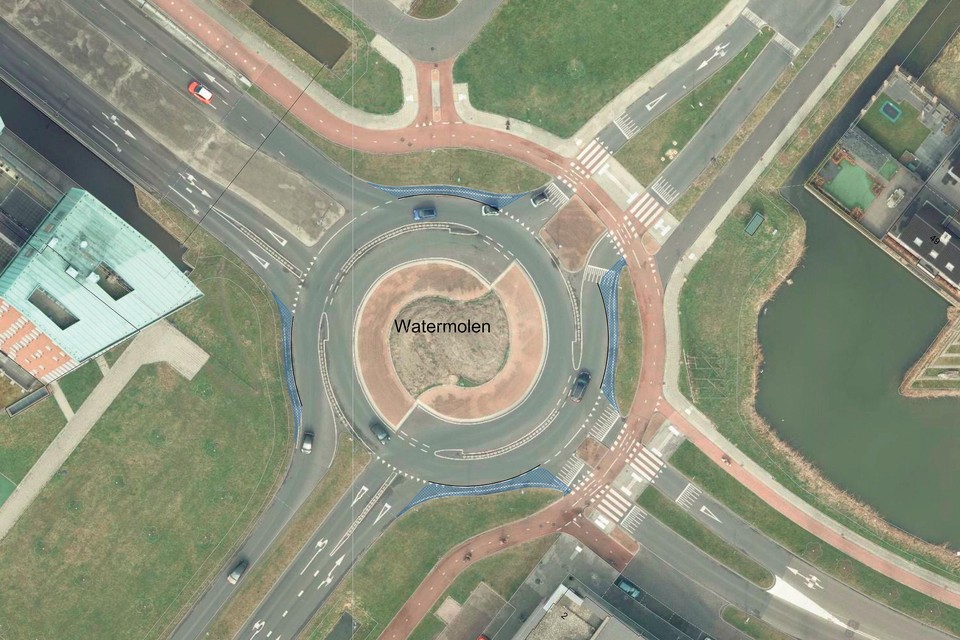 De rotonde in de Broekpolder: in het blauw zijn de rammelstroken aangegeven.