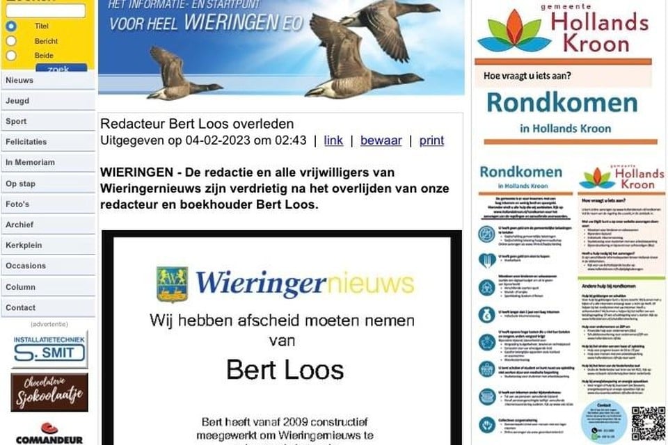 Verdriet bij de redactie van het Wieringer Nieuws over het overlijden van Bert Loos.