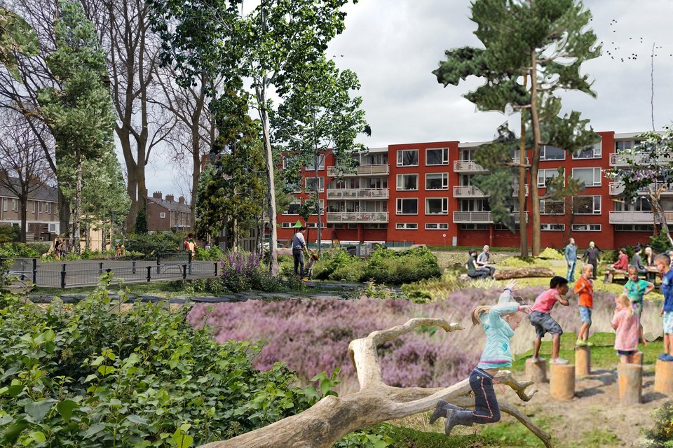 Een artists impression van het nieuwe groen tussen de flats, hier in de Flemingstraat.