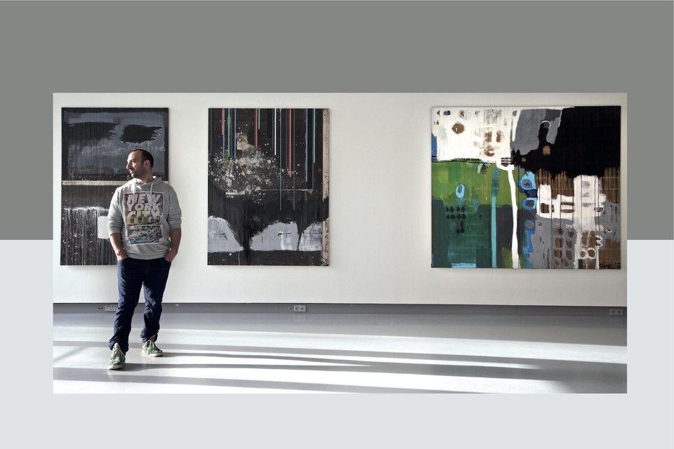 Linksboven Bernard Wisser in 2015, daarnaast Georgi Shengelia met enkele van zijn werken. Rechts werk van Wisser (links) en Shengelia.