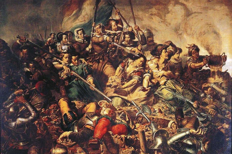 Dit schilderij is een impressie van Kenau Simonsdochter Hasselaer tijdens de belegering van Haarlem door de Spanjaarden.