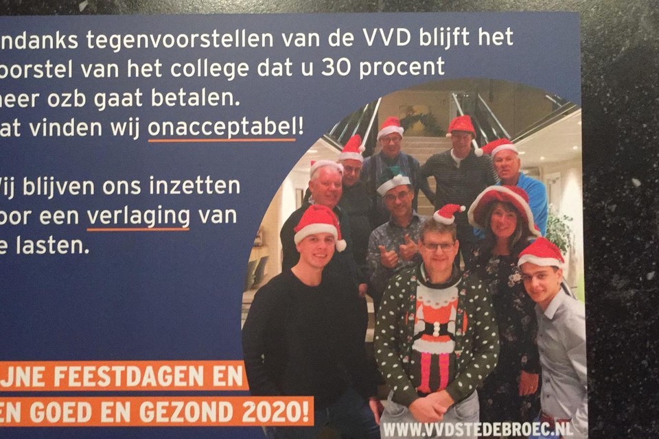 De kerstkaart van de VVD Stede Broec, die tijdens de raadsvergadering over de Belastingtarieven 2020 toch nog een flinke discussie over de ozb-verhoging losmaakte.