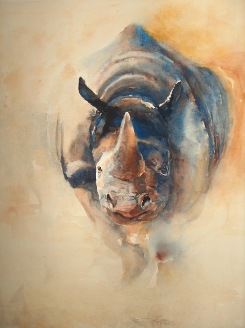 Neushoorn (2005), aquarel 50x60 cm.
