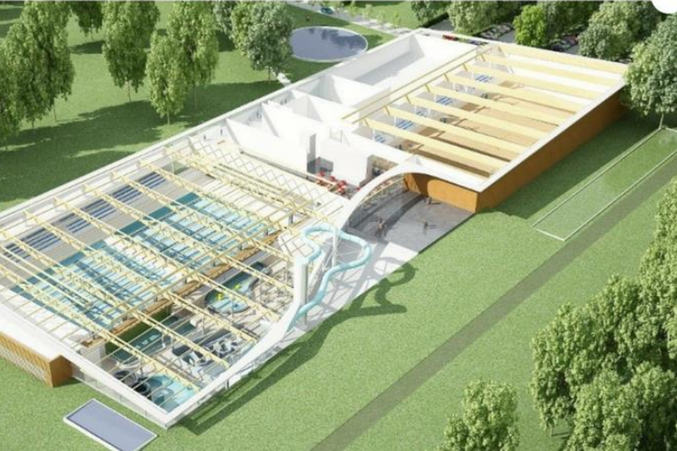 De schets van een multifunctionele accommodatie met een zwembad en sporthallen zoals deze in Wervershoof gerealiseerd kan worden.