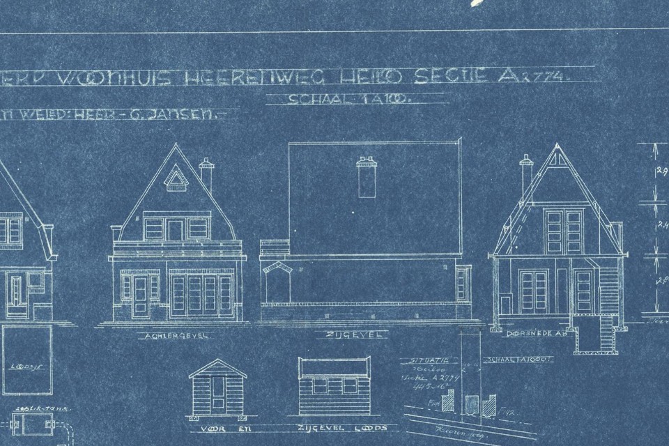 Bouwtekeningen van het huis uit 1931 van alle kanten.