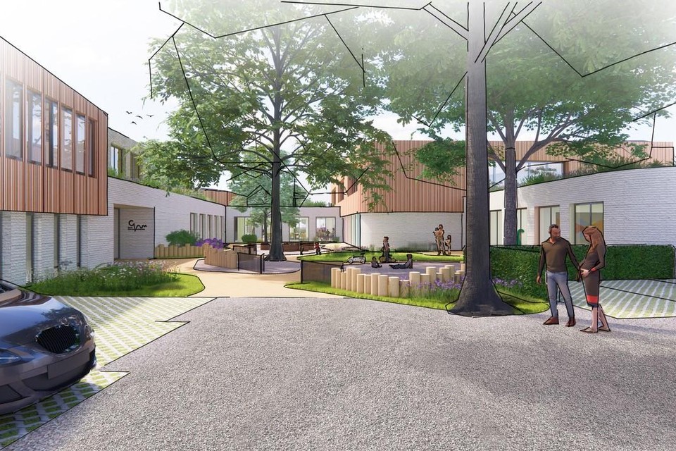 De binnentuin van De Nieuwe Lelie. Met rechts de kinderopvang en links het consultatiebureau.