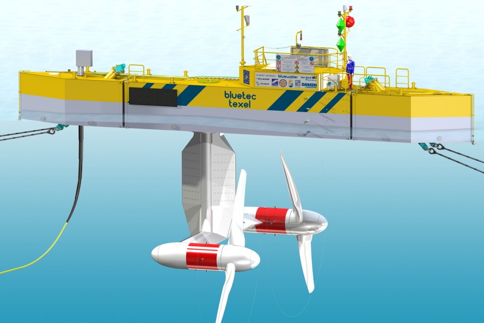 Het drijvende getijdeplatform voor energieopwekking. Met turbines van het bedrijf Tocardo te Den Oever. AFBEELDING BLUEWATER