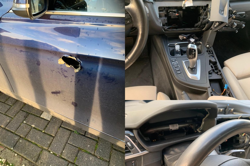 Beeld van de schade in de BMW van de familie Kraft van Ermel in Zwaag nadat de criminelen vorige week daar hun slag hebben geslagen.