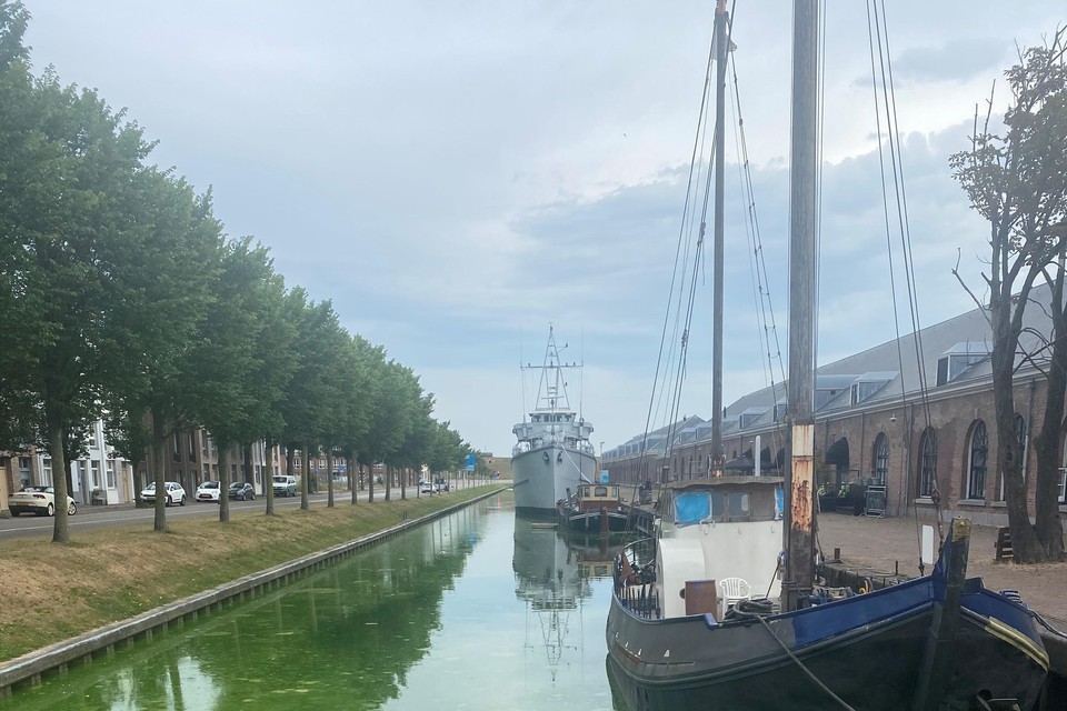 De gracht langs Willemsoord ziet groen van de blauwalg.