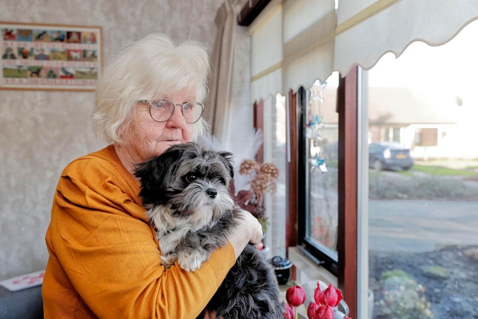 Moeder van Sylvia, Adrie Nelis, kijkt met hondje Tommy door het raam. Zoals ze ook deed toen haar echtgenoot Nico voor de laatste keer wegfietste.