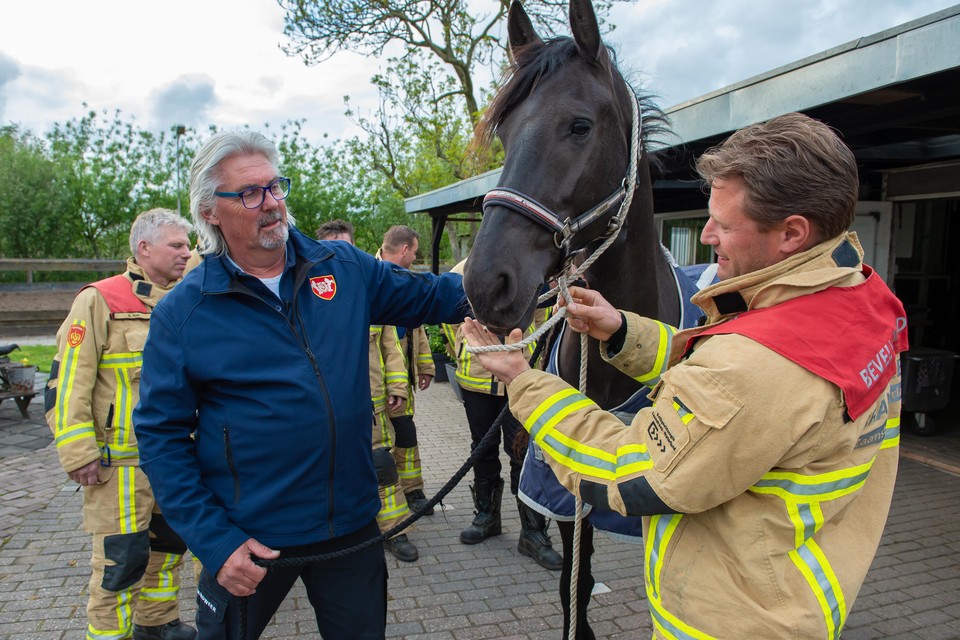 Harko Kwakernaat (blauwe jas) leert brandweerlieden al jaren hoe ze veilig paarden kunnen redden.