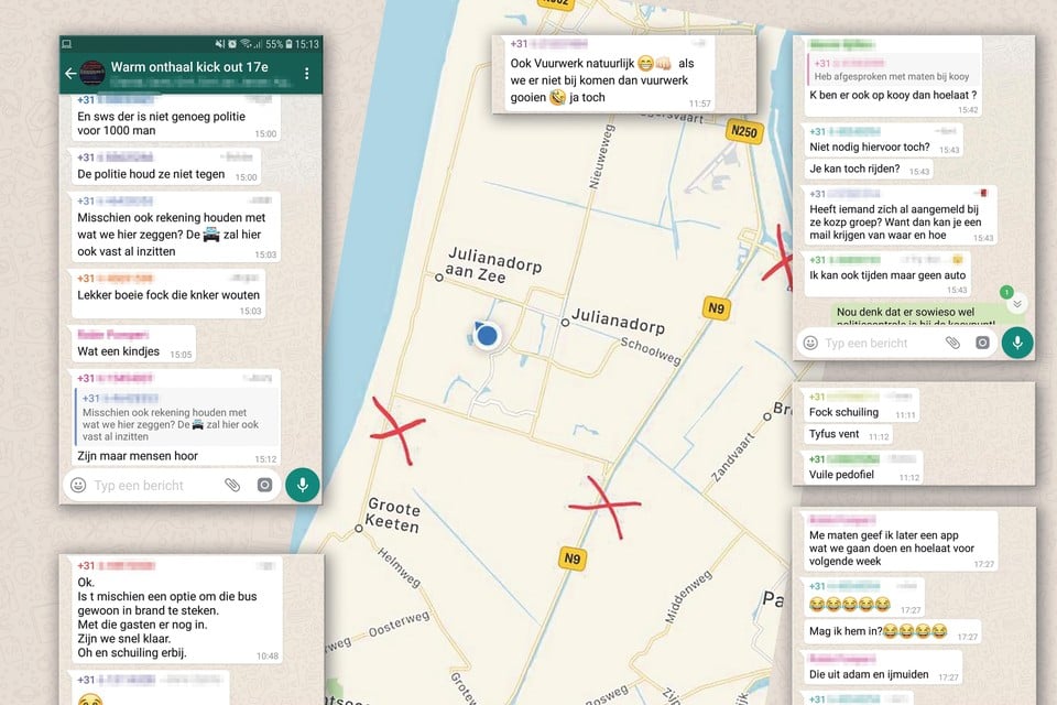 Fragmenten uit de ’Warm Onthaal’-appgroep, en de daar gedeelde kaart met  de plekken waar blokkades zouden moeten komen.