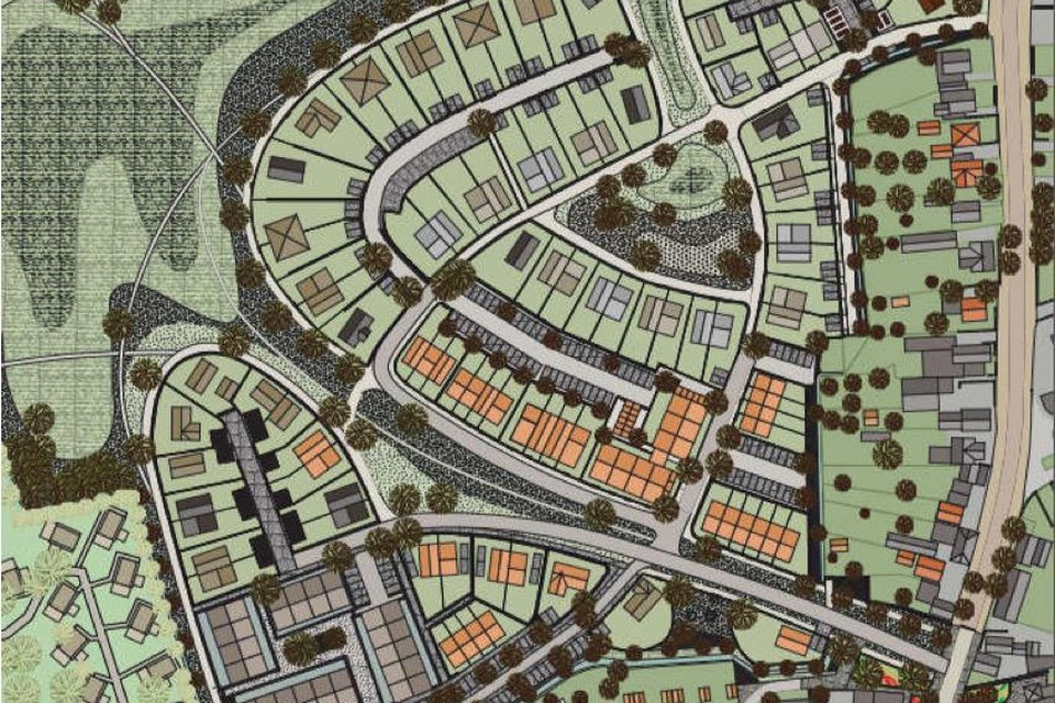 Schets voor het plan voor 162 woningen in Delversduin. Rechts de Herenweg, linksboven groen en het duingebied.