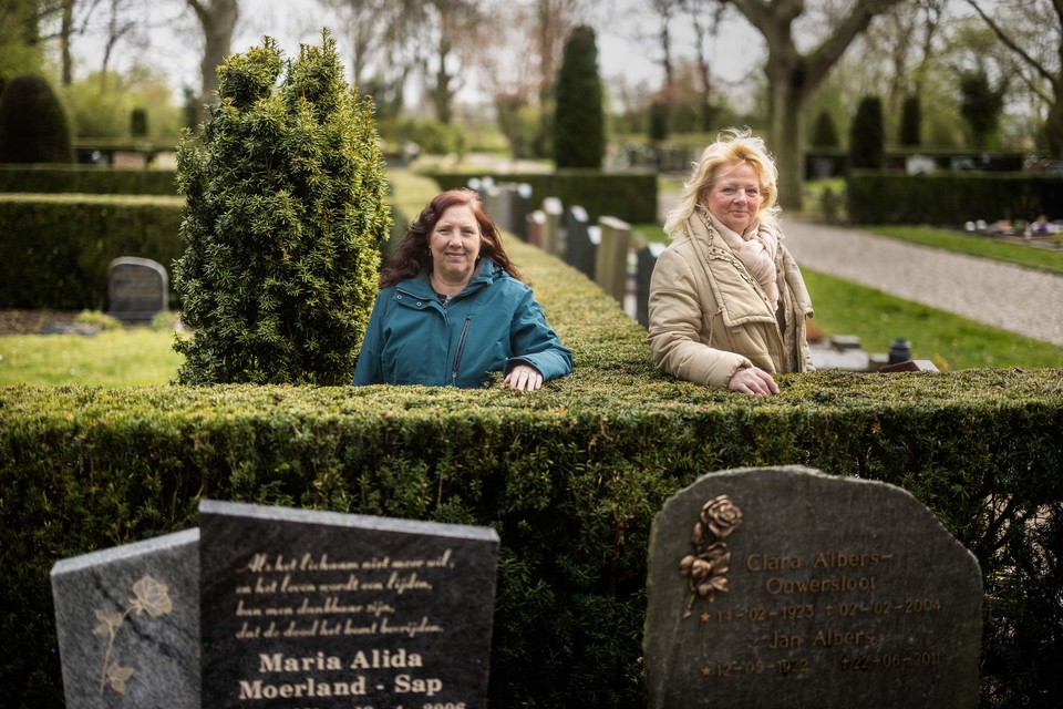 Ingrid Jahn (rechts) en Rina Schenk op de begraafplaats in Westzaan.