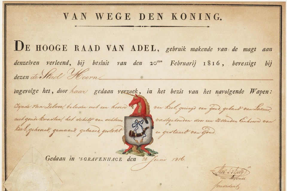 Tastbaar stadsverleden uit 1816: Hoorn krijgt van hogerhand een eigen gemeentewapen.