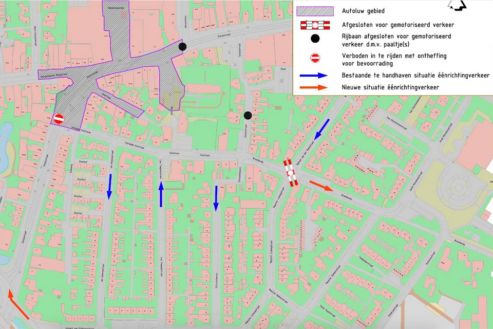 De maatregelen in het dorpscentrum van Castricum. Het gearceerde deel is de autoluwe zone op en rond de Dorpsstraat.