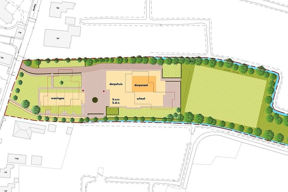 Eerder gemaakt schetsplan voor nieuwe seniorenappartementen, het nieuwe dorpshuis, de nieuwe school, de nieuwe gymzaal en het nieuwe sportveld langs de Dorpsweg (links) in Schellinhout.
