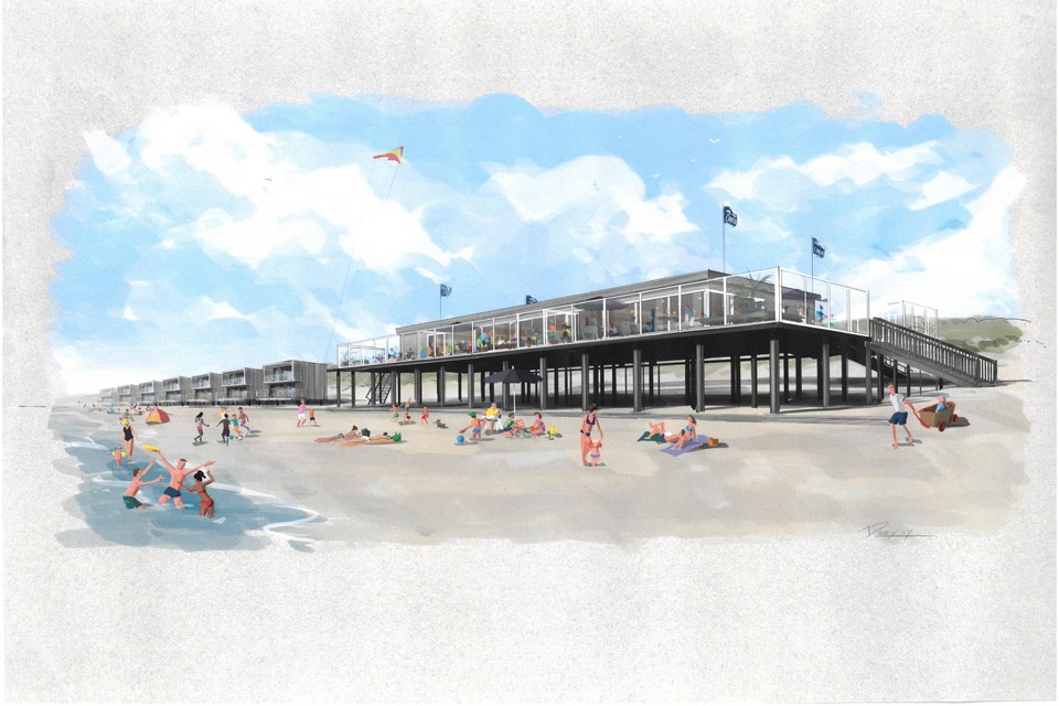 Het idee van eigenaar Jan Dronkers van beachclub Citadel. Links van de strandtent wil hij de veertig huisjes laten bouwen.
