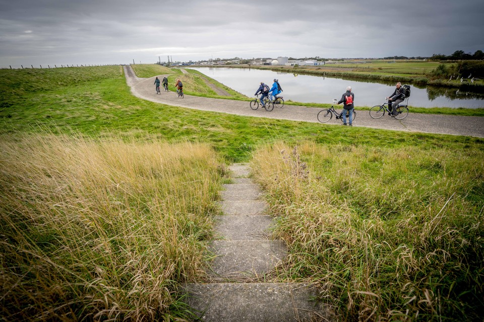 Het pad aan de binnenzijde van de Balgzanddijk ter hoogte van ’t Kuitje waar ongeveer een fietsbrug vanuit De Schooten zou kunnen uitkomen. Het pad is nu niet openbaar toegankelijk.