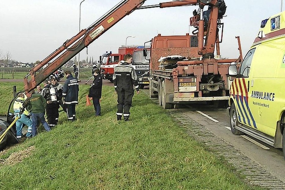 Een ongeval uit 2017: Een auto raakt bij de kruising van de Gerrit de Vrieseg met de Gedeputeerde Laanweg te water.