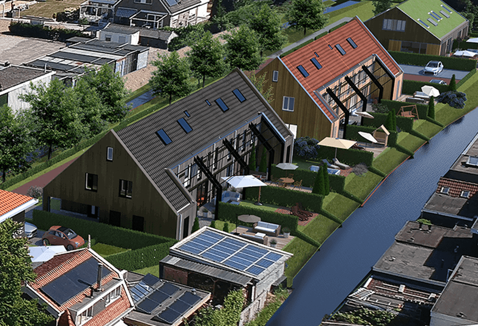De drie nieuw te bouwen woonblokken achter het herenhuis aan het Zuideinde.