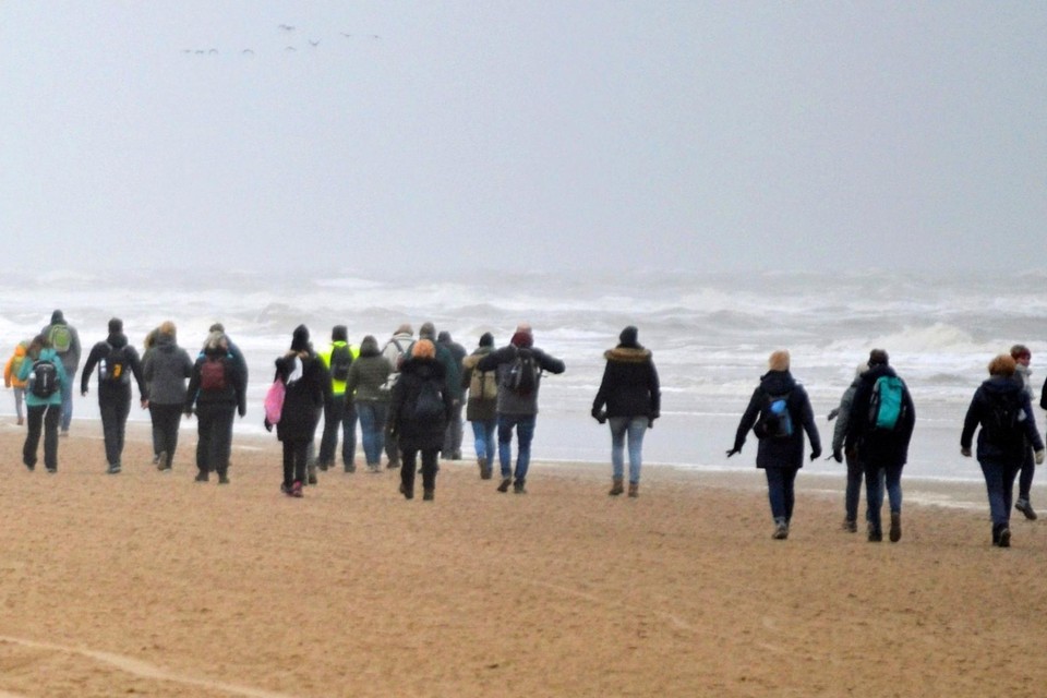 Wandelaars zaterdag op het strand tijdens de eerste dag van de Egmond Wandel Marathon tegen Reuma.
