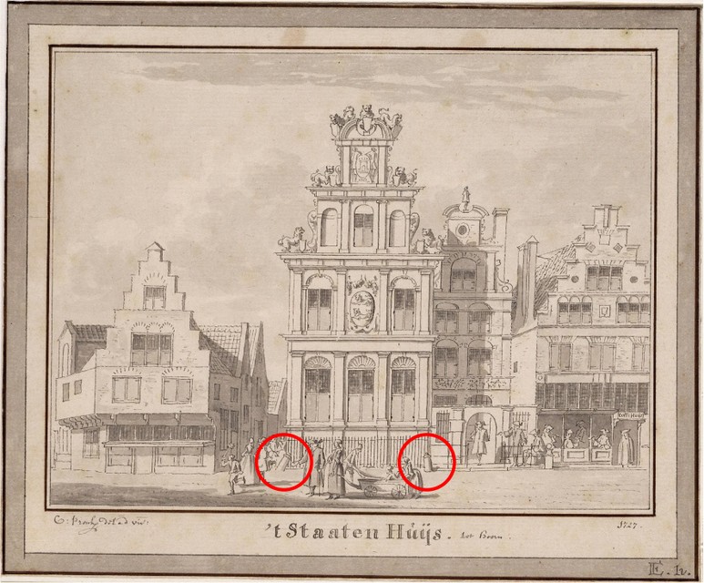 Prent van Cornelis Pronk uit 1727. In de rode cirkels zijn twee van de drie kanonnen te zien.