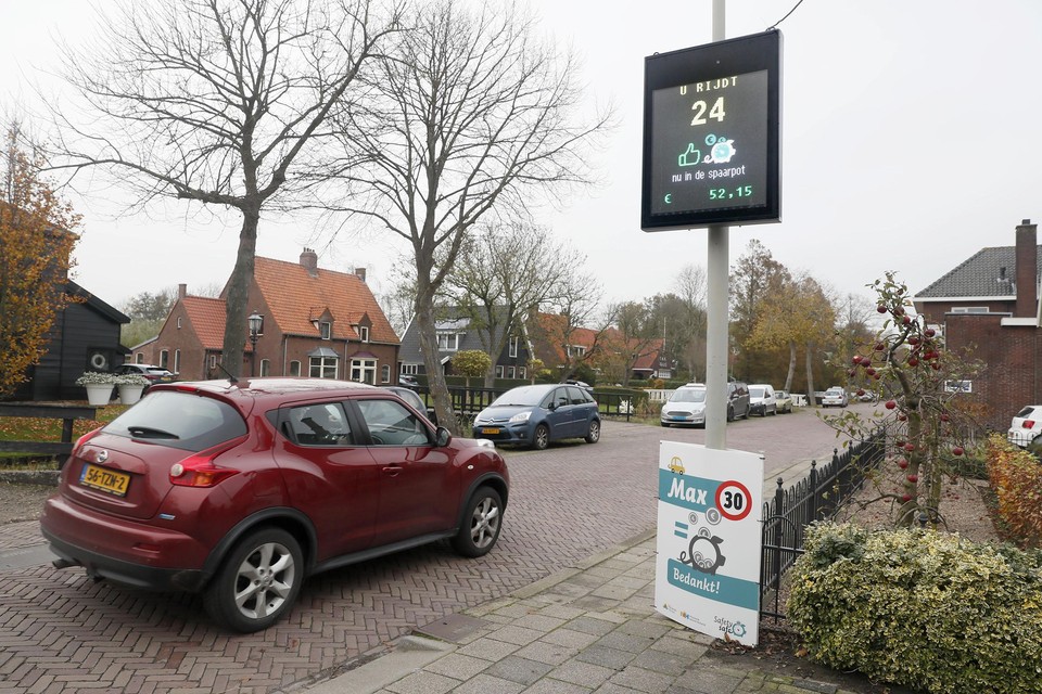 De spaarpaal aan de Dorpsstraat in Nieuwe Niedorp die de snelheid bijhoudt van passanten en hoeveel geld er inmiddels is opgehaald door goed gedrag.