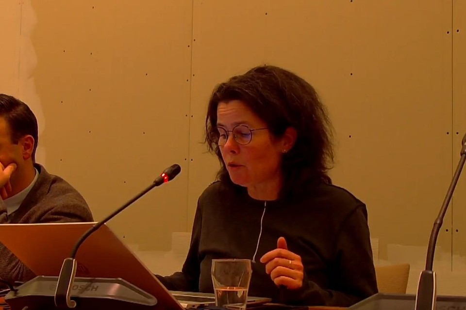 Raadslid Arwen Scholten (Jouw Haarlem) vergadert in de Fabriciuskamer met haar rug pal tegen de gele vlek waar voorheen Kenau hing.