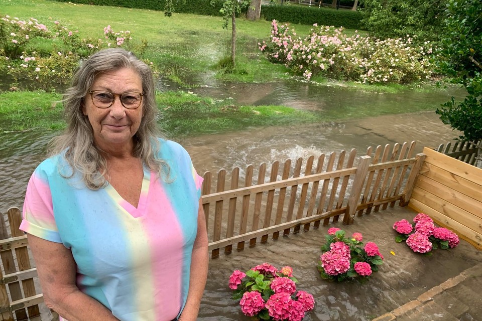 Bewoonster Anita Loos in haar tuin voor de plek waar het water omhoog komt. ,,De hortensia’s hebben nu wel genoeg water gehad.’’