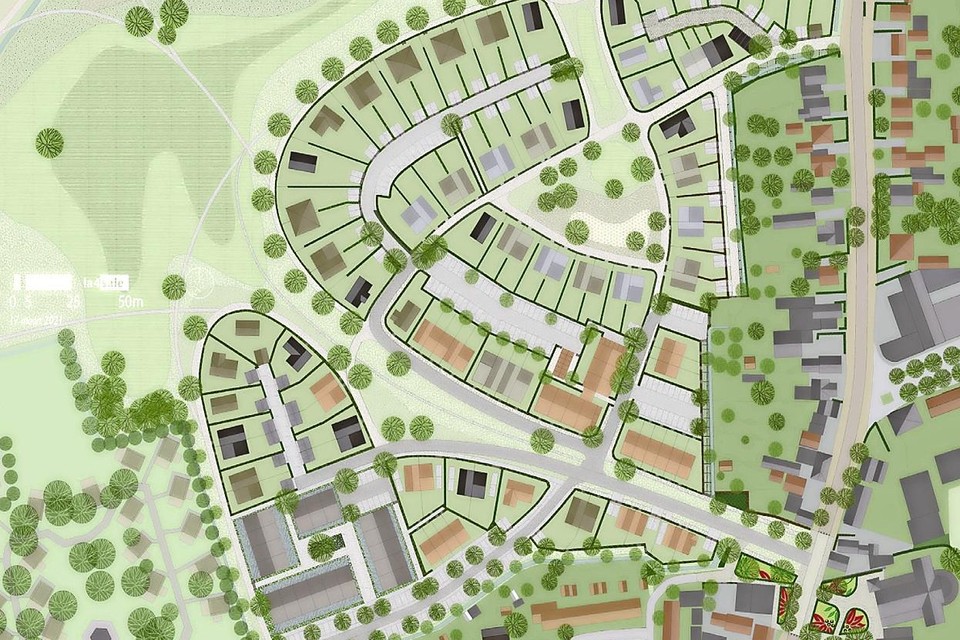 Illustratie van het plan Delversduin voor 163 woningen, met linksboven het duingebied.