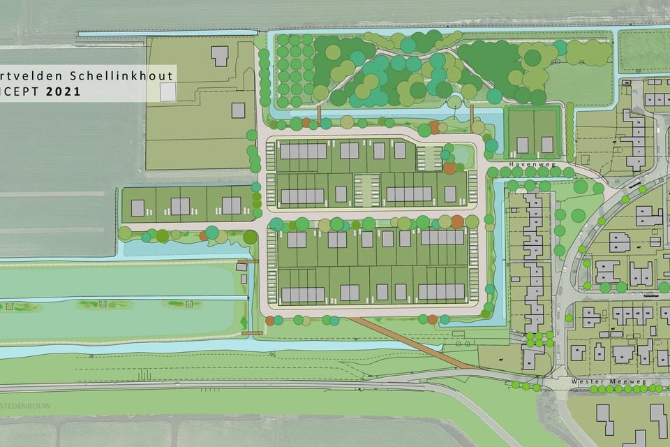 Het huidige plan voor 59 woningen op de sportvelden van de gestopte voetbalclub Schellinkhout, met rechts de bestaande woningen in het dorp.