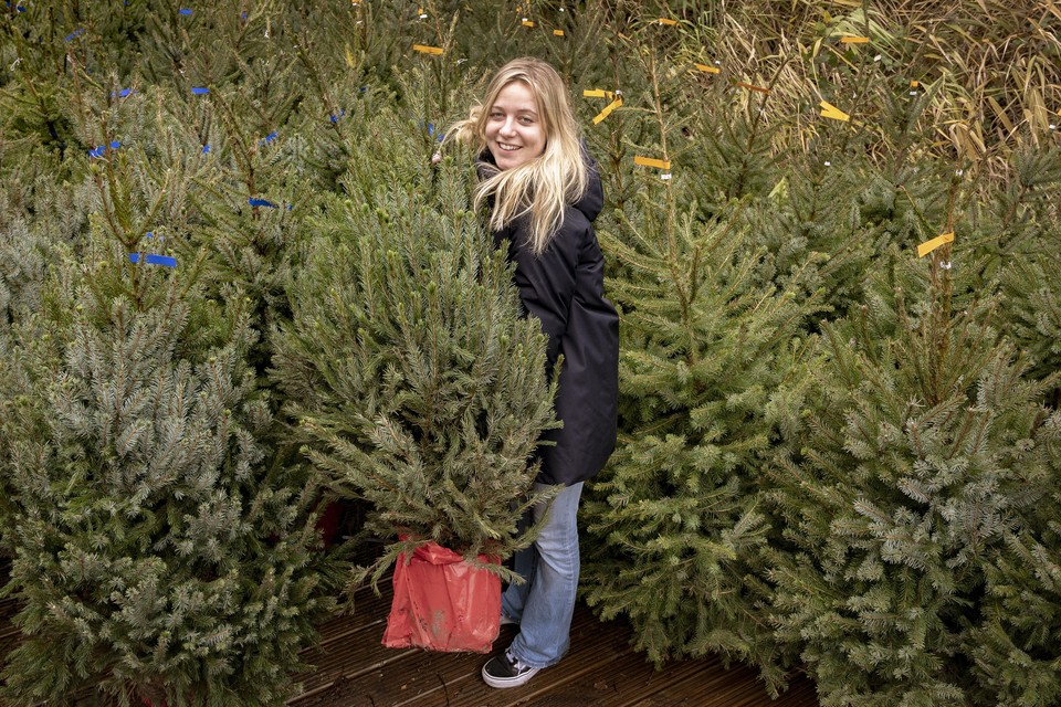 Emmy Nannes van Oceans/mama Gaia tussen de vrijdag geleverde duurzame kerstbomen.