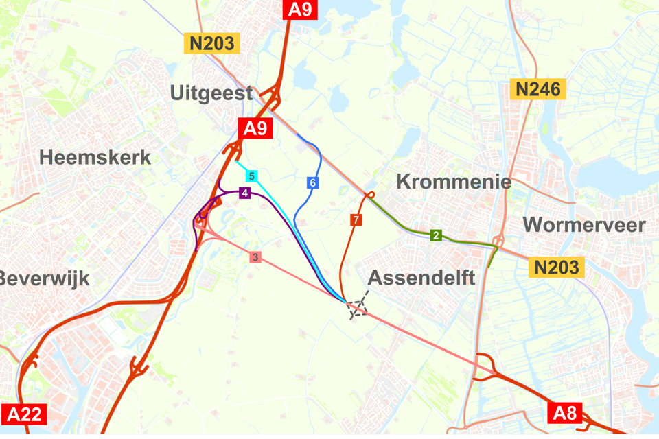 Nieuwe variant 7, tracé Assendelft voorbij Krommenie.