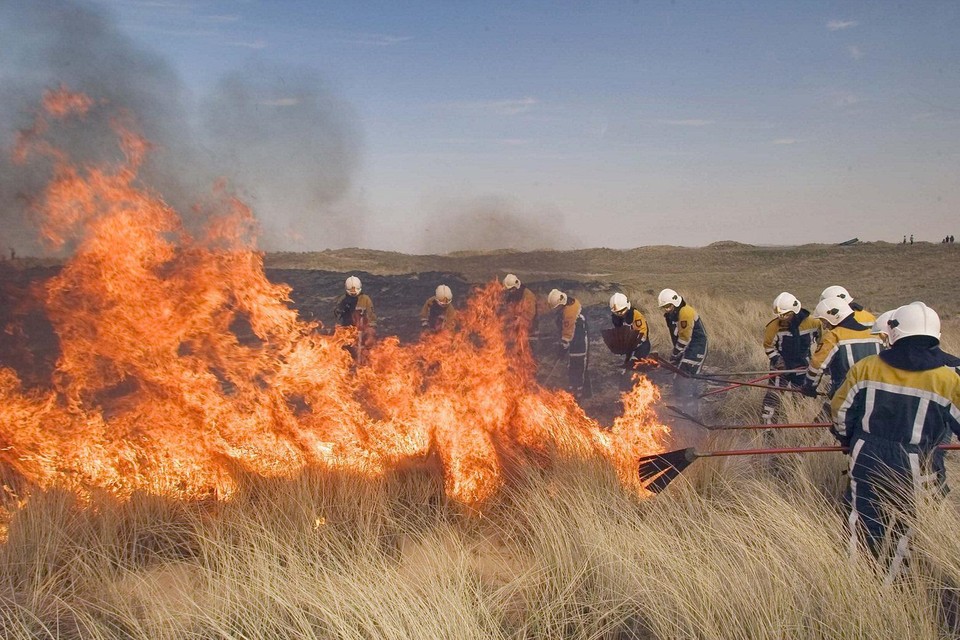 Brandweerlieden bestrijden een natuurbrand in de duinen.